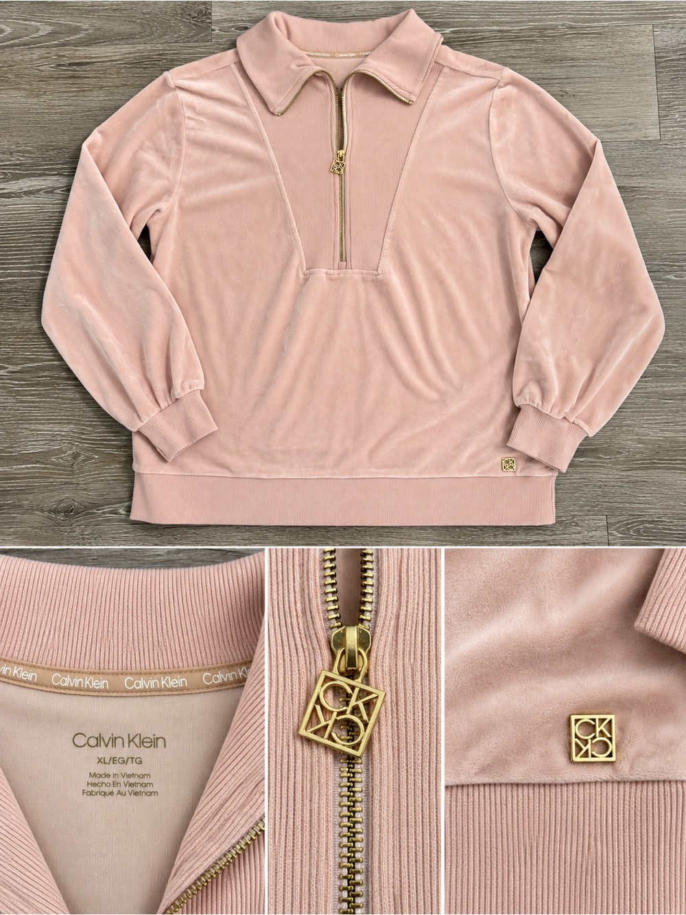 Calvin Klein Pink Velour Quarter-Zip Pullover Size XL